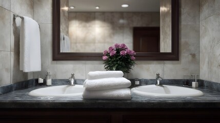 Fototapeta premium Elegant bathroom vanity with twin sinks and floral accents