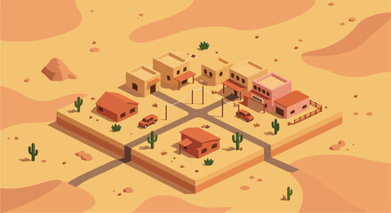 Isometric desert town illustration, with cacti in background, for web design, apps