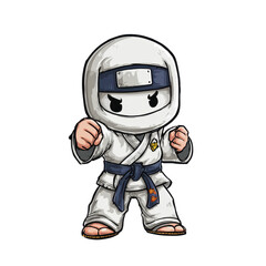 Chibi martial artist in white gi with blue belt and face mask stands in fighting stance