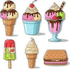 
Create a kinds of deferent ice-cream vector art with white background.
