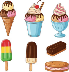 
Create a kinds of deferent ice-cream vector art with white background.