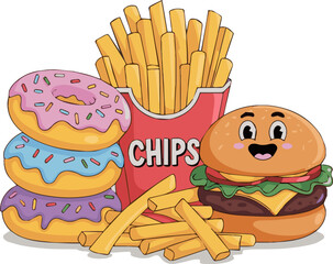 Create a kinds of deferent junk food vector art with white background.