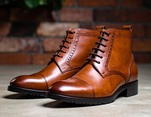 Elegant Brown Leather Ankle Boots with Black Laces on Concrete Surface