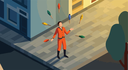 Man juggling clubs on city street corner; isometric style for website presentation