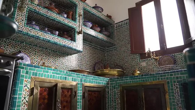 Moroccan Kitchen Tiles with Pottery, and Sunlight.