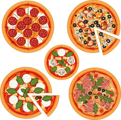 Create a kinds of deferent pizza vector art with white background.