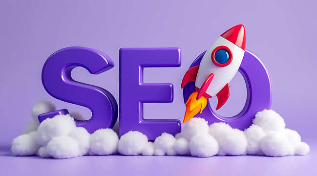 Seo optimization concept with rocket launch and clouds