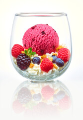 Eiskugel Waldfrucht mit Waldfruechten und Crunchy in Glas, Eiscreme, Eiskugel, Beeren, Waldfrüchte, 