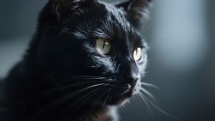 Close-up of a Black Cat with Green Eyes