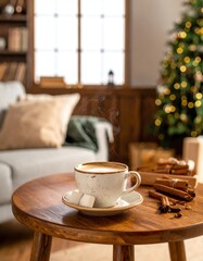 Obraz premium Autumn morning coffee illustration, window light coffee art, calm warm morning scene. Cozy winter scene with coffee and cinnamon.