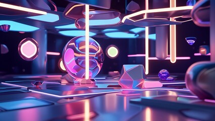 &ldquo;Vivid 3D Abstract Background with Neon Shapes, Holographic Layers, and Futuristic Cyberpunk Glow for Tech and Gaming Design&rdquo;