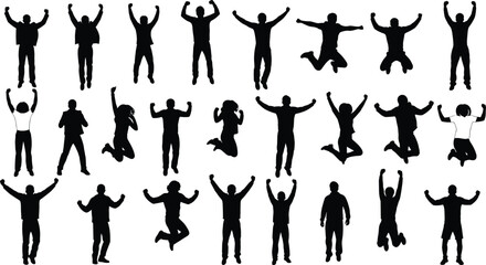 Silhouette, jumping, arms raised, celebration, victory, excitement, joy, happiness, dance, movement, sport, fitness, lifestyle, energetic, pose, posture, activity, vector, illustration,