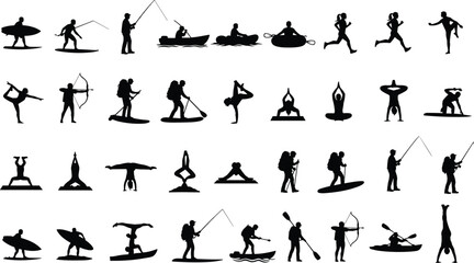 Silhouette, outdoor, sports, activities, yoga, surfing, kayaking, hiking, fishing, archery, paddleboarding, tubing, running, fitness, recreation, exercise, adventure, healthy lifestyle, posture, 