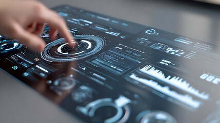 Interactive Interface Touchscreen Dashboard for Data Analysis, Finger touching a glowing digital display, advanced technology with intricate graphics and data visualization on a dark background,