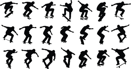 Silhouette, skateboarder, tricks, maneuvers, skateboarding, action, pose, jump, flip, ollie, sport, extreme, balance, stunt, performance, lifestyle, vector, design, movement, skill