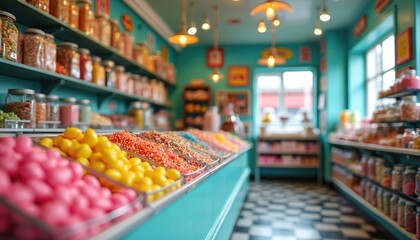 Fototapeta premium Colorfully stocked candy store interior featuring bulk bins of colorful sweets, jars of treats, festive displays. Aisles brim with various confectionery, offering nostalgic shopping experience for