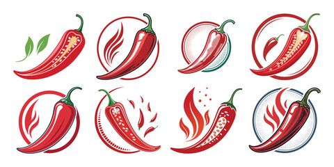Spicy chili hot pepper icons. Vector Asian and Mexican spicy food and sauce, red and black outline chili
