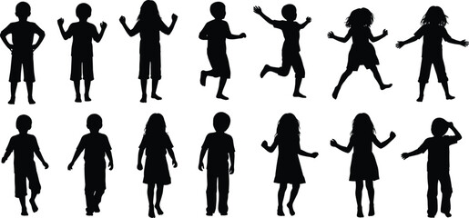 Silhouettes of children running, jumping, dancing, standing in playful poses, active lifestyle concept, childhood energy, movement, fun, outdoor play, activity scene