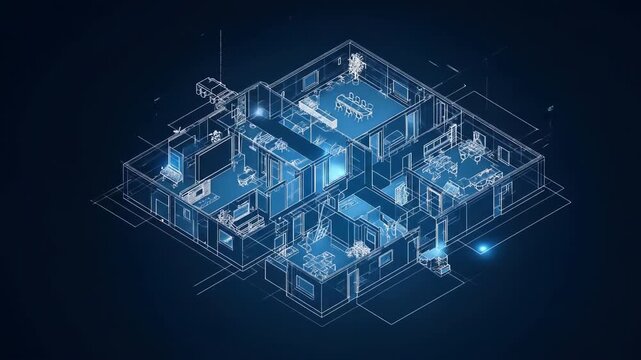 An axonometric projection of a modern office interior, rendered in neon blue lines against a dark background, showcasing desks, walls, and furniture