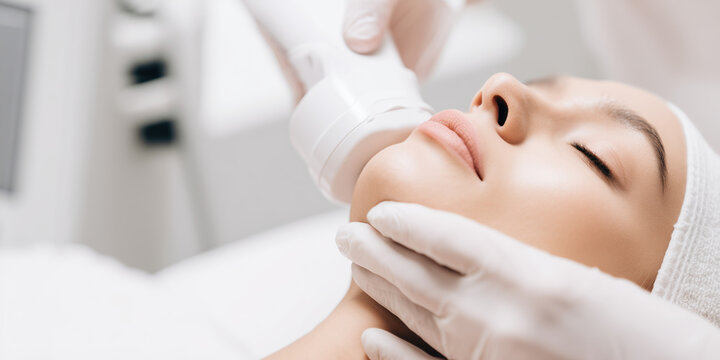 Luxury facial treatment with advanced device in white spa ambiance. Elegant skincare beauty concept with copy space