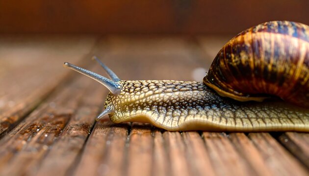 Close-up of snail on wooden surface