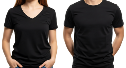 Black vneck and crew neck tshirts for men and women isolated on transparent background