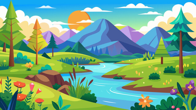 Vector art of scenic mountain landscape with river, trees, and sun in a colorful cartoon style, showcasing the beauty of nature and a peaceful outdoor scene