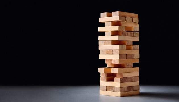 jenga tower of wooden blocks isolated with shadow place for text the concept of destruction instability
