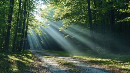 Obraz premium Sunbeams Filtering Through Forest Trees Along a Pathway