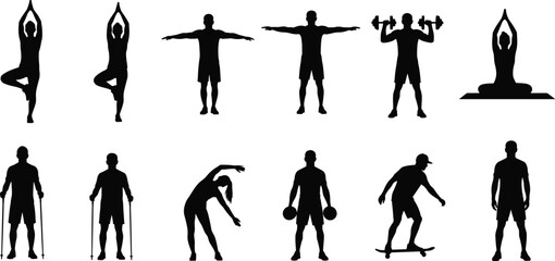 Silhouettes of people in various physical activities, yoga poses, weightlifting, skateboarding, skiing, stretching, fitness, active lifestyle, exercise, wellness concept