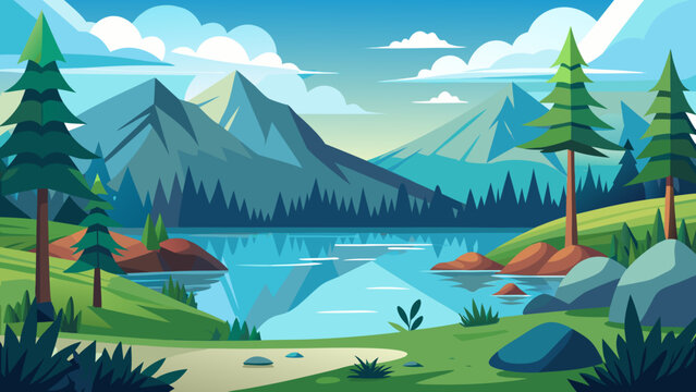 Vector art of a captivating landscape featuring a pristine lake reflecting majestic mountains and lush trees under a clear sky, evoking a sense of peace and wonder