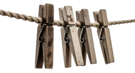 Four Wooden Clothespins on a Rope Line cutout isolated on transparent bg, png