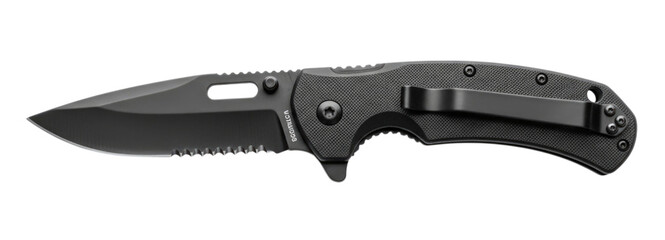 Black Tactical Folding Pocket Knife cutout isolated on transparent bg, png