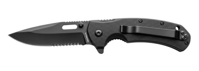 Black Tactical Folding Pocket Knife cutout isolated on transparent bg, png