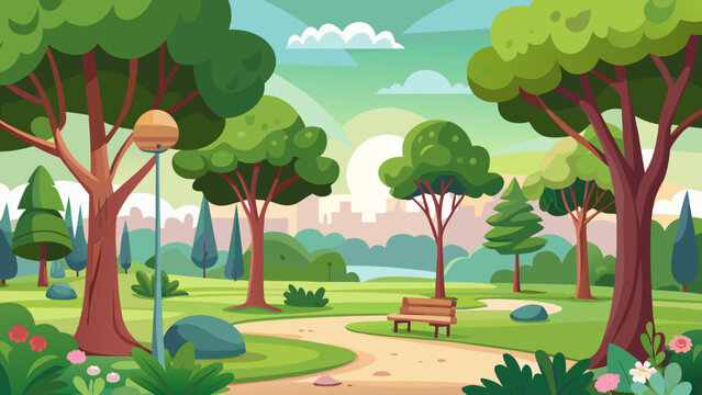 Vector art of a serene park scene with lush green trees, a winding path, and a cozy bench, inviting relaxation and tranquility in the heart of the city