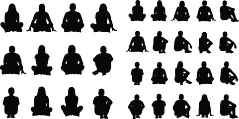 Silhouettes of people sitting in various cross‑legged poses, diverse postures and arm positions, body language study, lifestyle concept, meditation, relaxation scene © Rifat Creatives