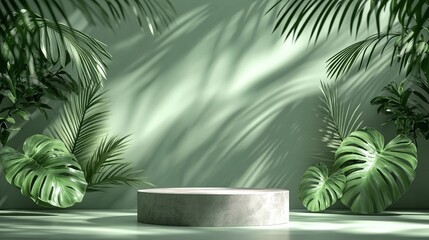 Obraz premium Gray concrete podium surrounded by lush green tropical foliage.