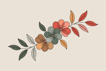 A floral design with stylized flowers and leaves in shades of red green and brown on a beige background