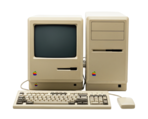Vintage Macintosh Computer with Monitor Keyboard and Mouse cutout isolated on transparent bg, png