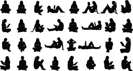 Silhouettes of people with luggage, walking, standing, sitting, pulling suitcases, carrying bags, pushing carts, travel concept, airport, tourism, journey scenes