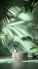 Obraz premium Light-filled display podium with tropical foliage.