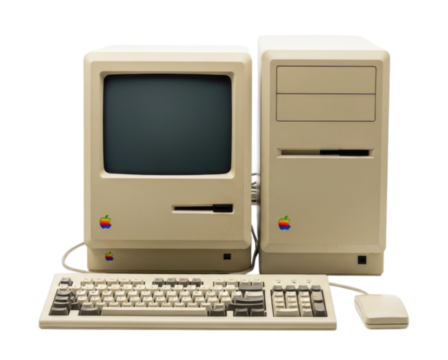 Vintage Macintosh Computer with Monitor Keyboard and Mouse cutout isolated on transparent bg, png