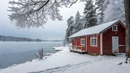 red cabin on snowy lakeside shore in winter