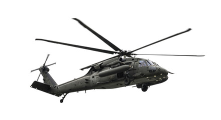 Fototapeta premium Military Helicopter with Rotor Blades in Flight cutout isolated on transparent bg, png