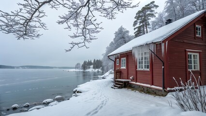 red cabin on snowy lakeside shore in winter