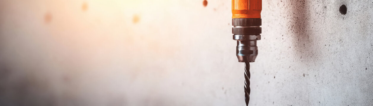 Close up of drill bit attached to orange power drill drilling into clean white concrete wall with soft sunlight illuminating scene