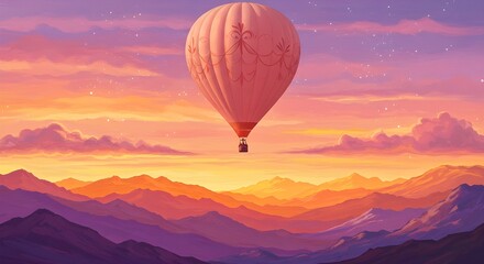 Fototapeta premium Digital art of a hot air balloon flying over colorful mountains, vibrant landscape, creative illustration, fantasy travel concept, bright and artistic design.