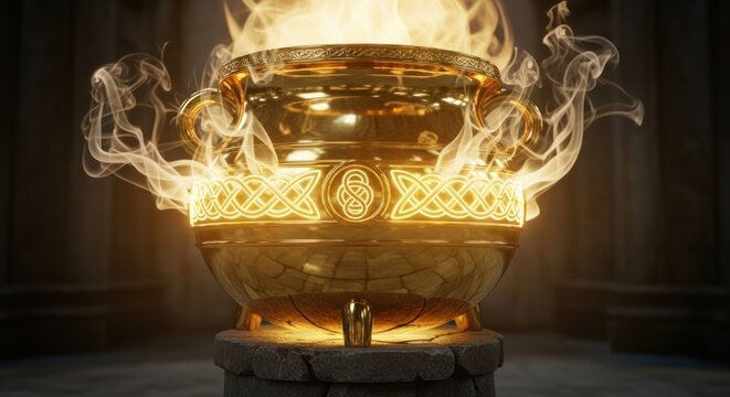 A golden cauldron with celtic knot designs and smoke emanating from it on a stone pedestal indoors - Powered by Adobe
