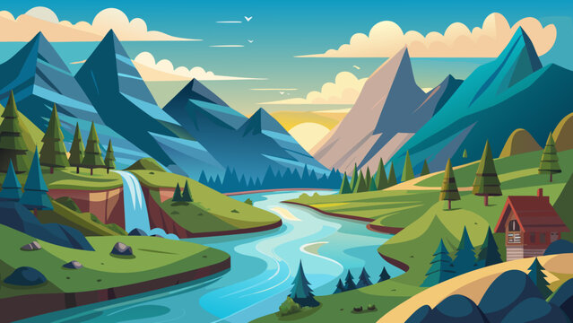 Vector art of breathtaking mountain landscape featuring a cascading waterfall and a serene river flowing through a lush valley, perfect for travel and nature enthusiasts