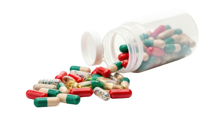 Pills and Capsules Spilling out of a Bottle cutout isolated on transparent bg, png
